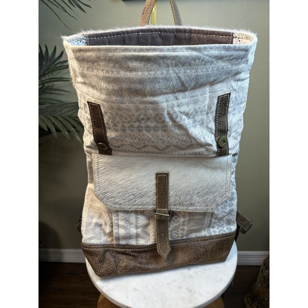 Myra Bag Backpack Hair on Hide, Leather , Canvas Foldover top - - Picture 9 of 11